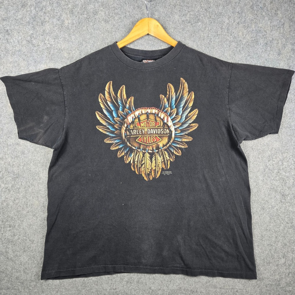 Vintage Harley Davidson 3D Emblem Shirt Mens XL Black Dreamcatcher Flames 90s